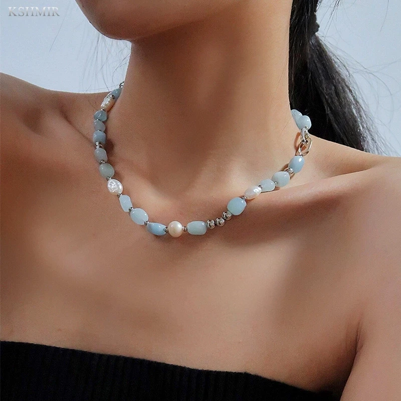 

kshmir Natural stone blue crystal necklace baroque natural freshwater pearl niche design feeling fresh clavicle chain women