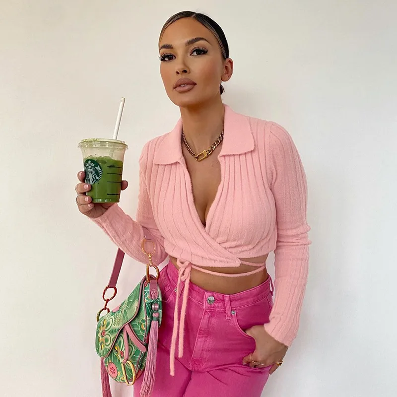 

European and American Style Women's Clothing 2022 New Spring Fashion Lapel Cross-tether Sweater V-neck Umbilical Blouse