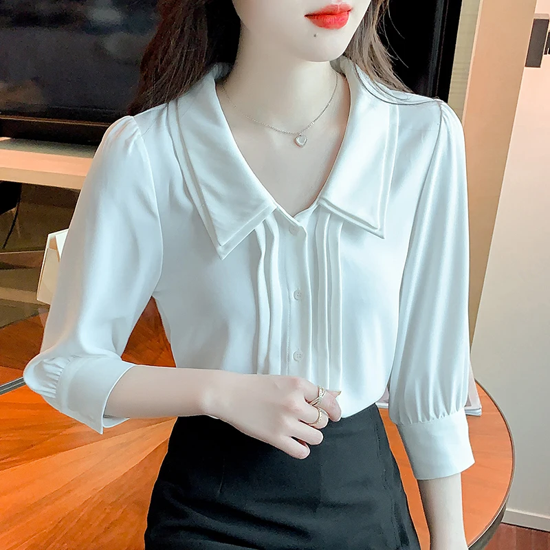 

White Shirt Summer Three Quarter Sleeve Chiffon Clothes Sweet Office Lady Peter Pan Collar Loose Blouse Women Buttons Tops 25651