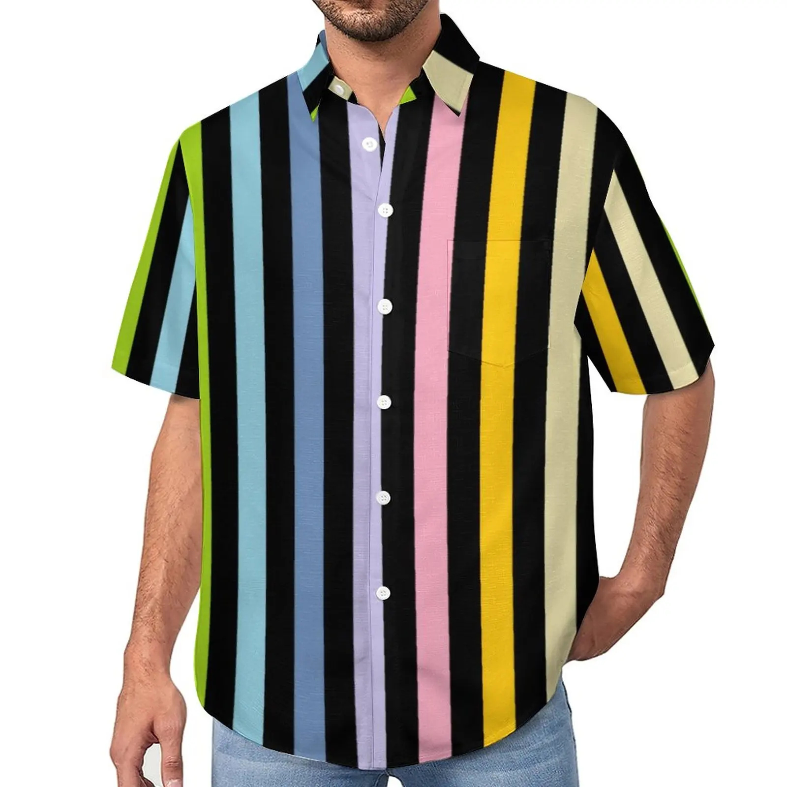 

Black Striped Beach Shirt Vertical Rainbow Print Hawaiian Casual Shirts Man Funny Blouses Short Sleeve Design Tops 3XL 4XL