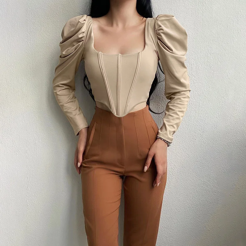 

2022 Summer New Women's Tops Retro Square Collar Pure Desire Long-sleeved Sexy Puff Sleeves Fishbone Corset Short Tops