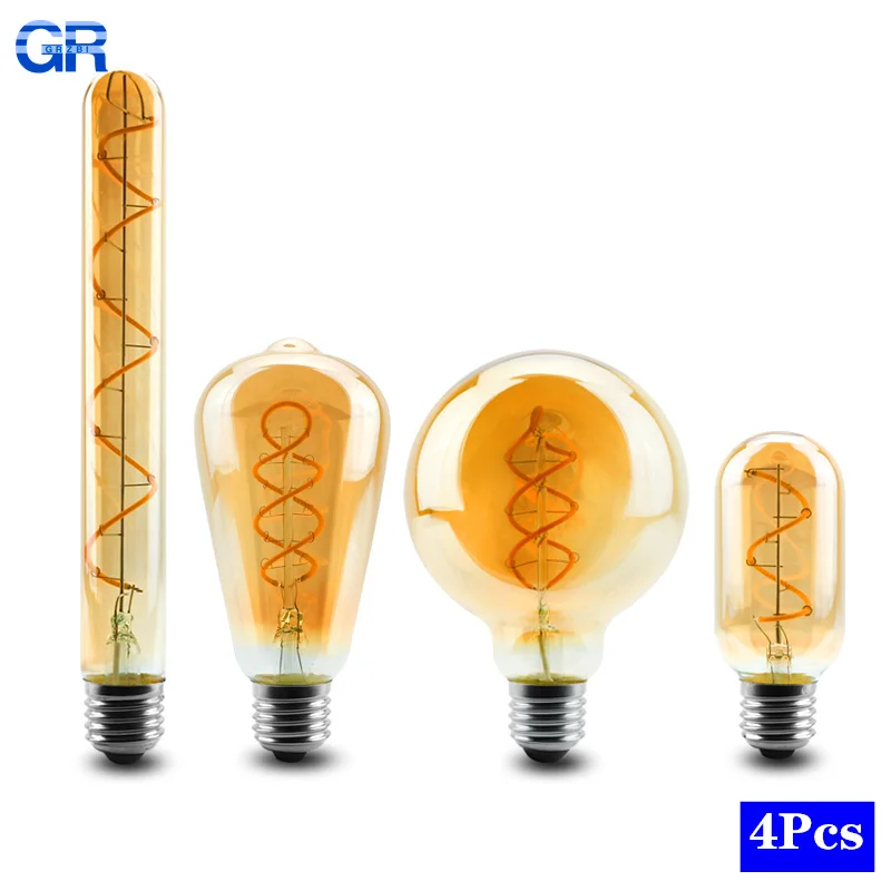 4pcs/lot Retro Dimmable LED Bulb 220V Vintage Spiral 4W LED Filament Light Bulb 2200K C35 A60 T45 ST64 G80 G95 G125 Edison Lamp