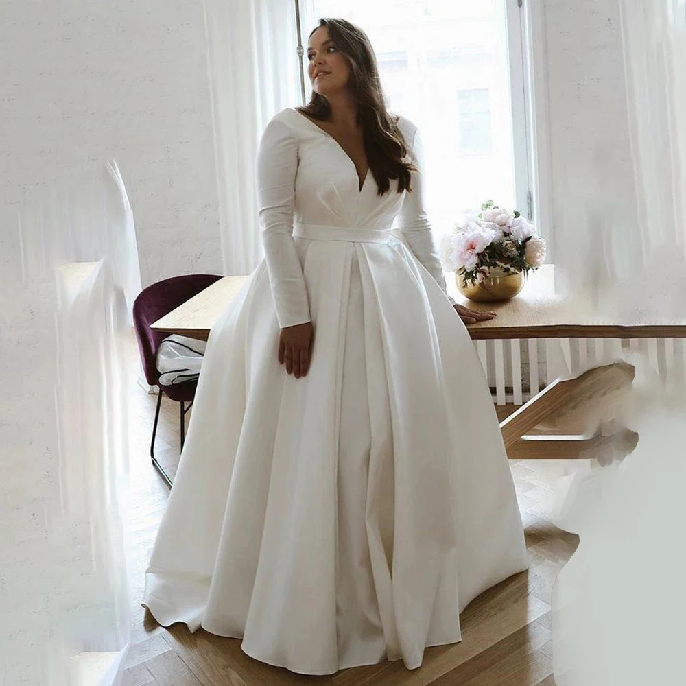 

Plus Size Wedding Dress Long Sleeve Beach Wedding Dresses Oversize Bridal Gowns Boho robe de mariée Fluffy vestidos de novia