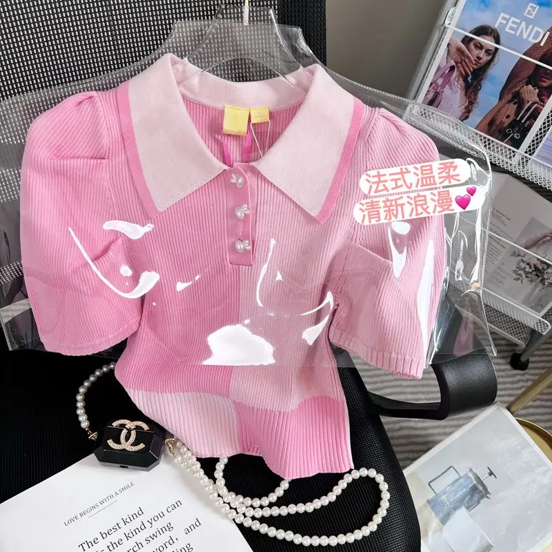 

2023 Shirts Women Summer Fashion Pink Puff Sleeve Turn-down Collar Elegant Female Thin Crop Top Slim Design Patchwork Lovely P34