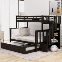 Home Modern Minimalist Wooden Bedroom Furniture Bed Frames Bases Stairway Bunk Bed Twin Size Trundle Storage Guard Rail Espresso