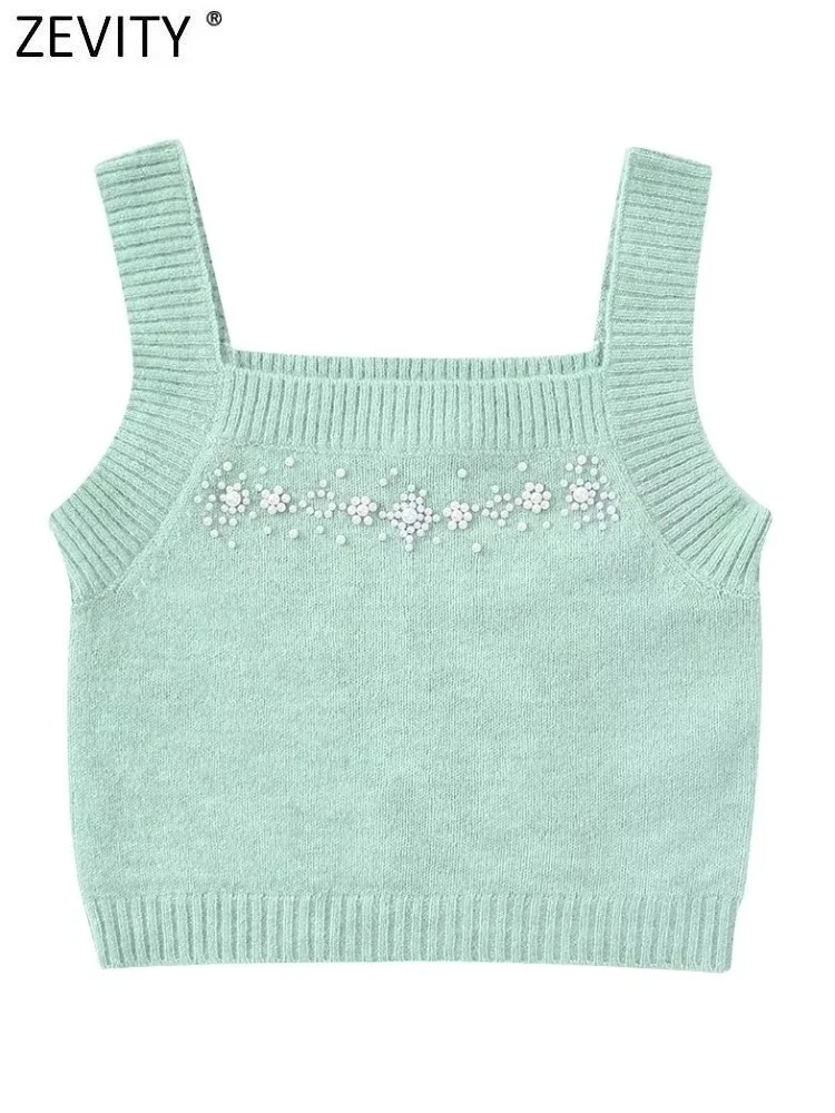 

Zevity New Women Fashion Pearl Beading Design Solid Short Knitting T Shirt Chic Camis Tank Lady Slim Crop Sling Vest Tops LS2955