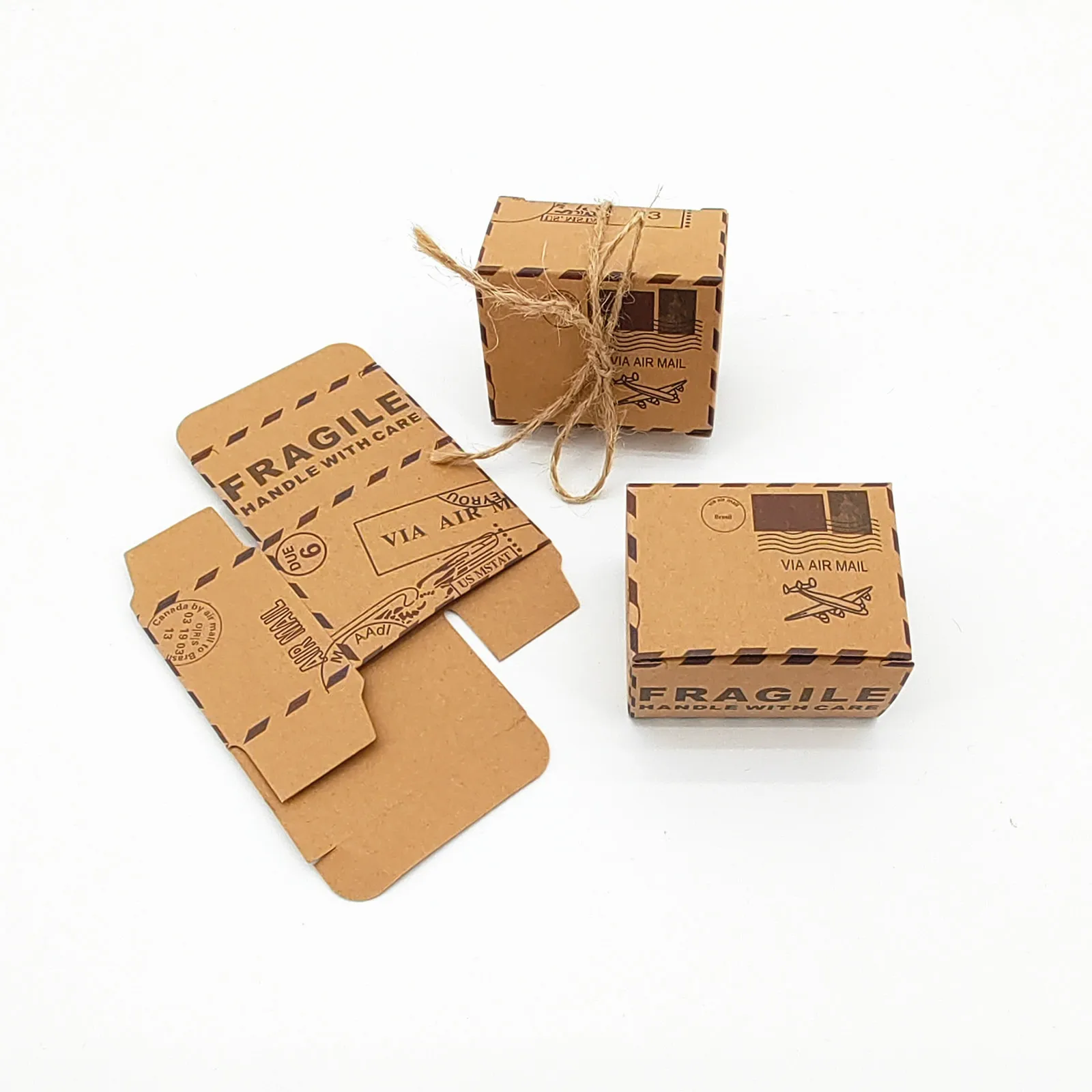 

50 Pcs Vintage Favors Candy Box Kraft Paper Travel Theme Airplane Air Mail Boxes With Compass Hanging Wedding Party Souvenirs