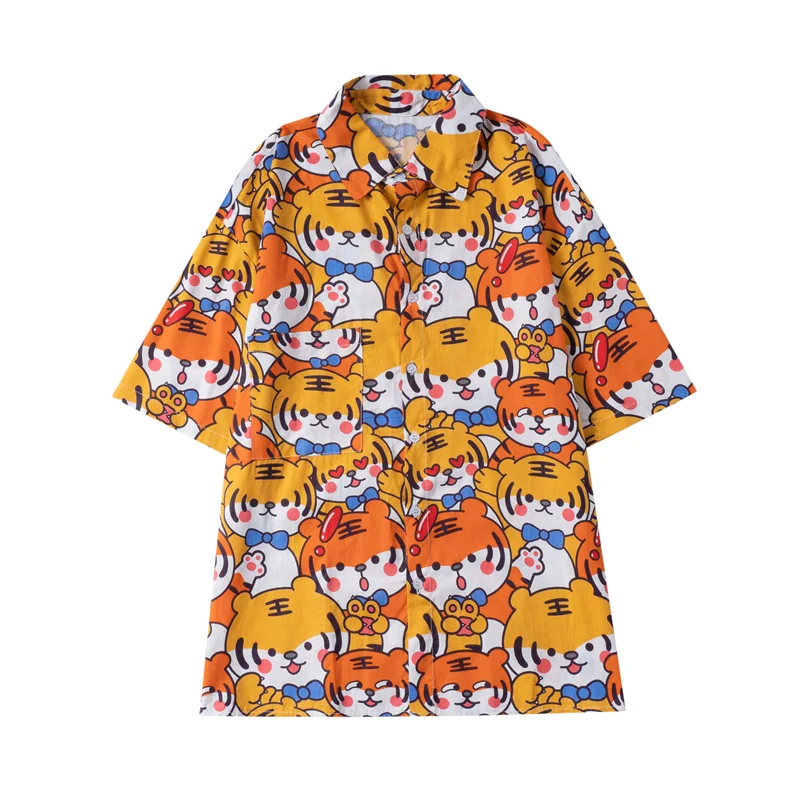 

Новая летняя рубашка в стиле преппи в стиле Харадзюку, милая рубашка с принтом тигра из мультфильма, свободная блузка с квадратным воротник...