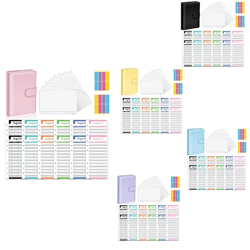 

A6 PU Leather Budget Binder with Zipper Envelopes, Macarone Color Ring Budget Binder with for Home School