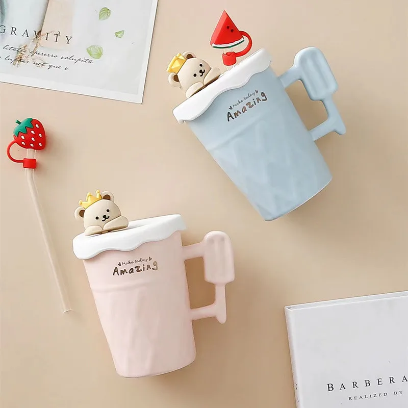 

Creative mug with lid and straw bear fruit stopper large capacity breakfast cup milk cup straw cup ceramic cup