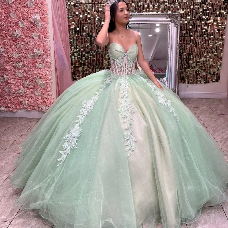 Мятно-зеленые платья Quinceanera принцессы с хрустальными бусинами многоуровневые