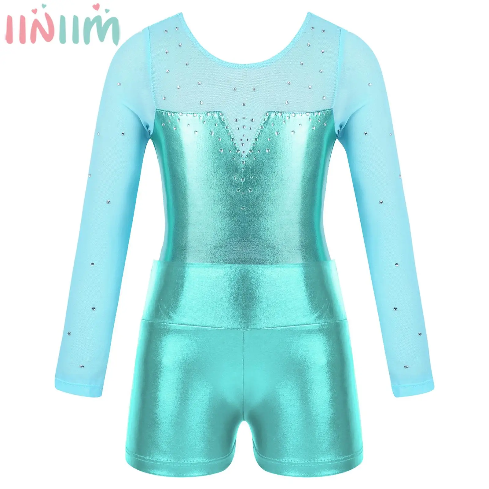 

Детское балетное танцевальное трико для девочек, танцевальная одежда с длинным рукавом, блестящее боди из сетчатой ткани с шортами, костюм для йоги