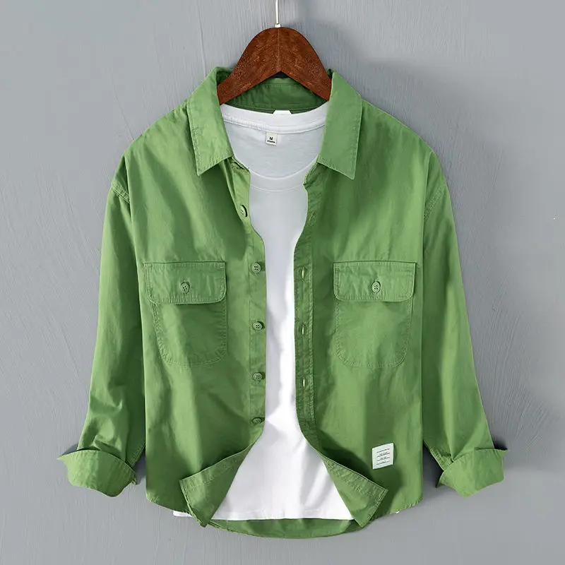 

Autumn Trendy Men's Personalized Work Clothes Shirt Long Sleeve Loose Casual Solid Color Square Collar Double Pocket Simple Shir