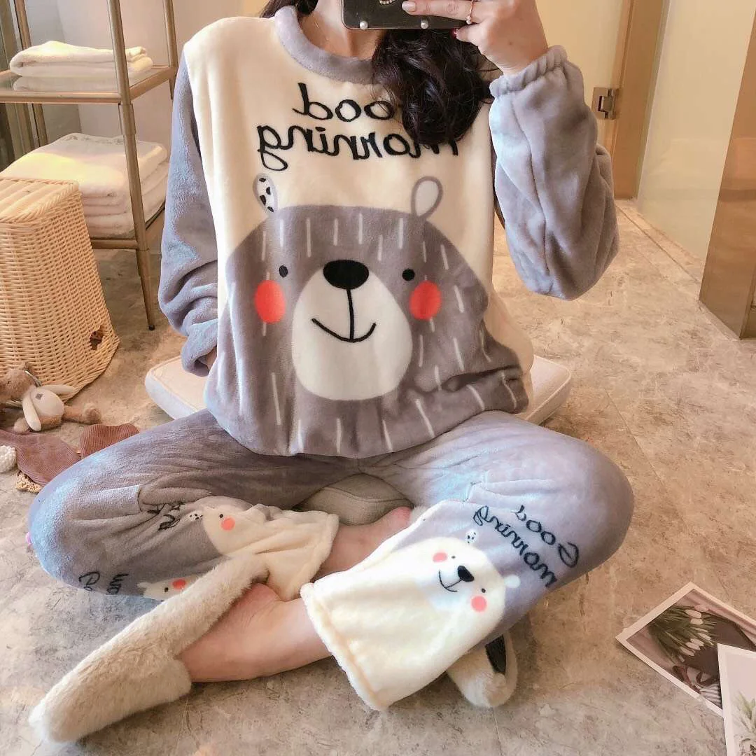 Autumn Winter Flannel Pajamas for Women Students Cute Plus Velvet Thickening Warm Sleepwear Cartoon Coral Velvet Home Clothes