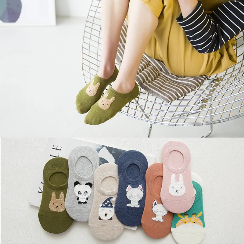 5 Pairs Women Ankle Socks Female Soft Cotton Short Tube Invisible breathable Cotton Socks Cute Cat Rabbit Pattern Spring Summer