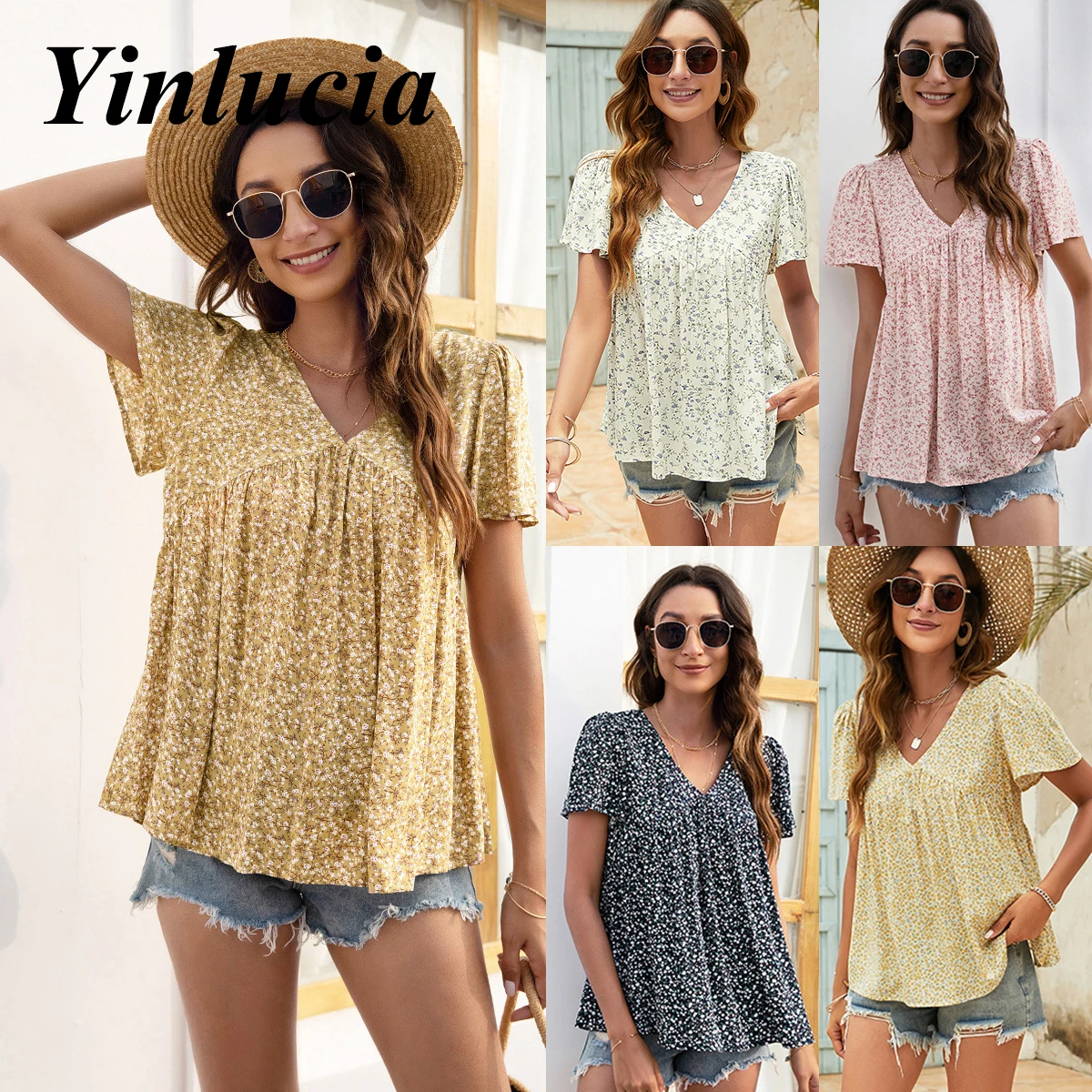 

Женская блузка с цветочным принтом, свободная плиссированная футболка с V-образным вырезом, повседневная универсальная винтажная Праздничная футболка Y2K, лето 2022