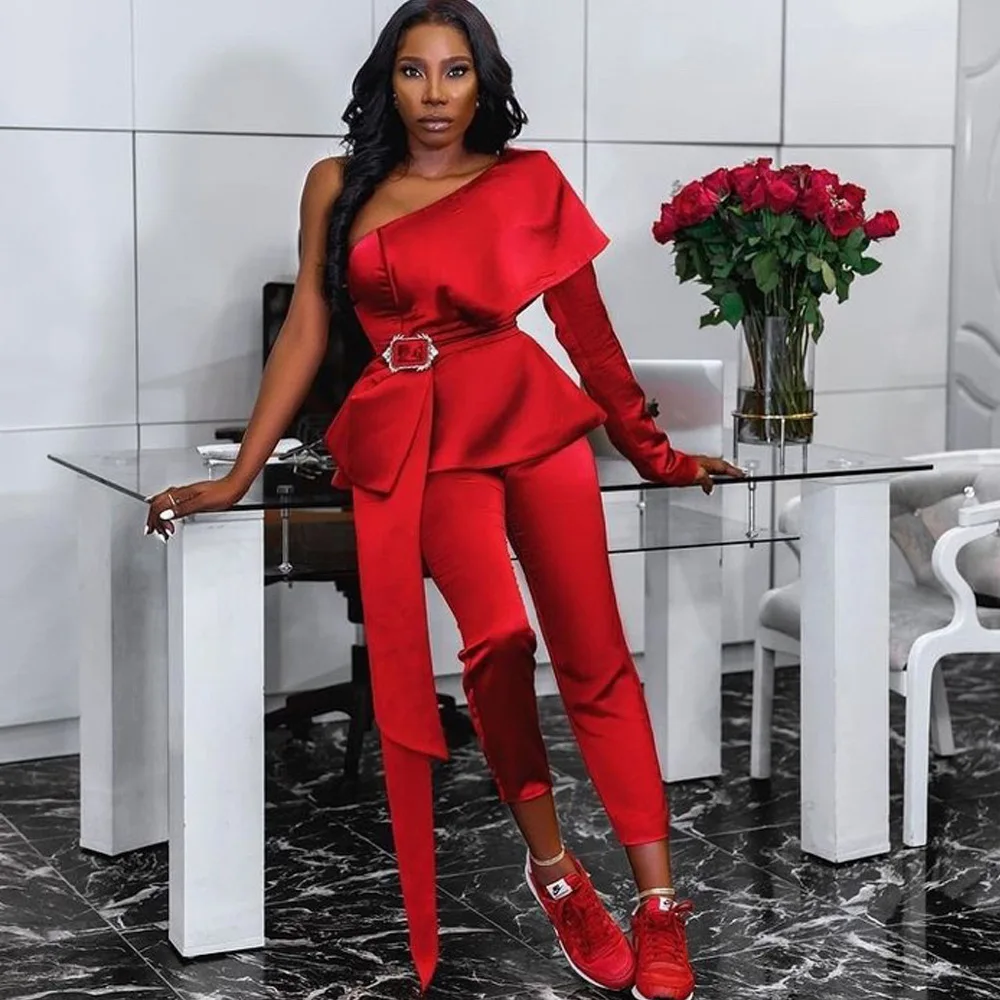 

2022 Jumpsuits Red Sexy One Shoulder Long Sleeve Ruffle Peplum Jumpsuits High Waist Party Trousers Women Summer Overall Romper