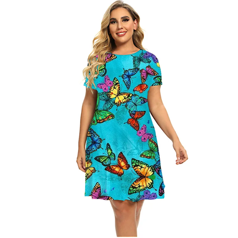 Женское платье с 3D-принтом бабочки синее повседневное пляжное средней длины лето