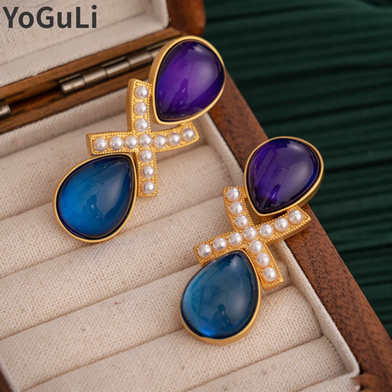 

Modern Jewelry 925 Silve Needle Luxury Design New Simulated Pearl Blue Purple Resin Teardrop Earrings For Women Girl Gift