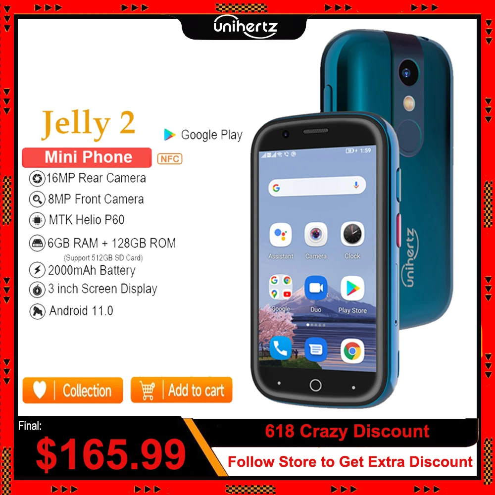 Unihertz Jelly 2 Small Smartphone Helio P60 Octa Core Android 11 6GB 128GB 16MP Cellphone 2000mAh Battery Dual SIM Mobile Phone