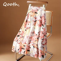 qooth summer women chiffon mid length floral a line skirt elegant high waist long skirt qt1835