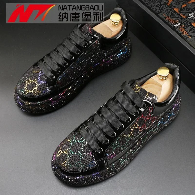 

High quality Fashion shoes for men new style with bright diamonds Personalized thick soles Elevated full diamond Lefu