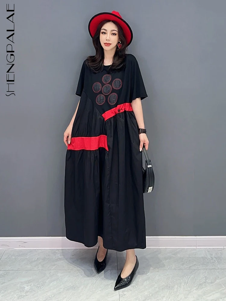 

SHENGPALAE корейское повседневное свободное платье с круглым вырезом и рукавом до локтя, модное шикарное черное платье в стиле пэчворк для женщин, 2023 летняя новая одежда R3494