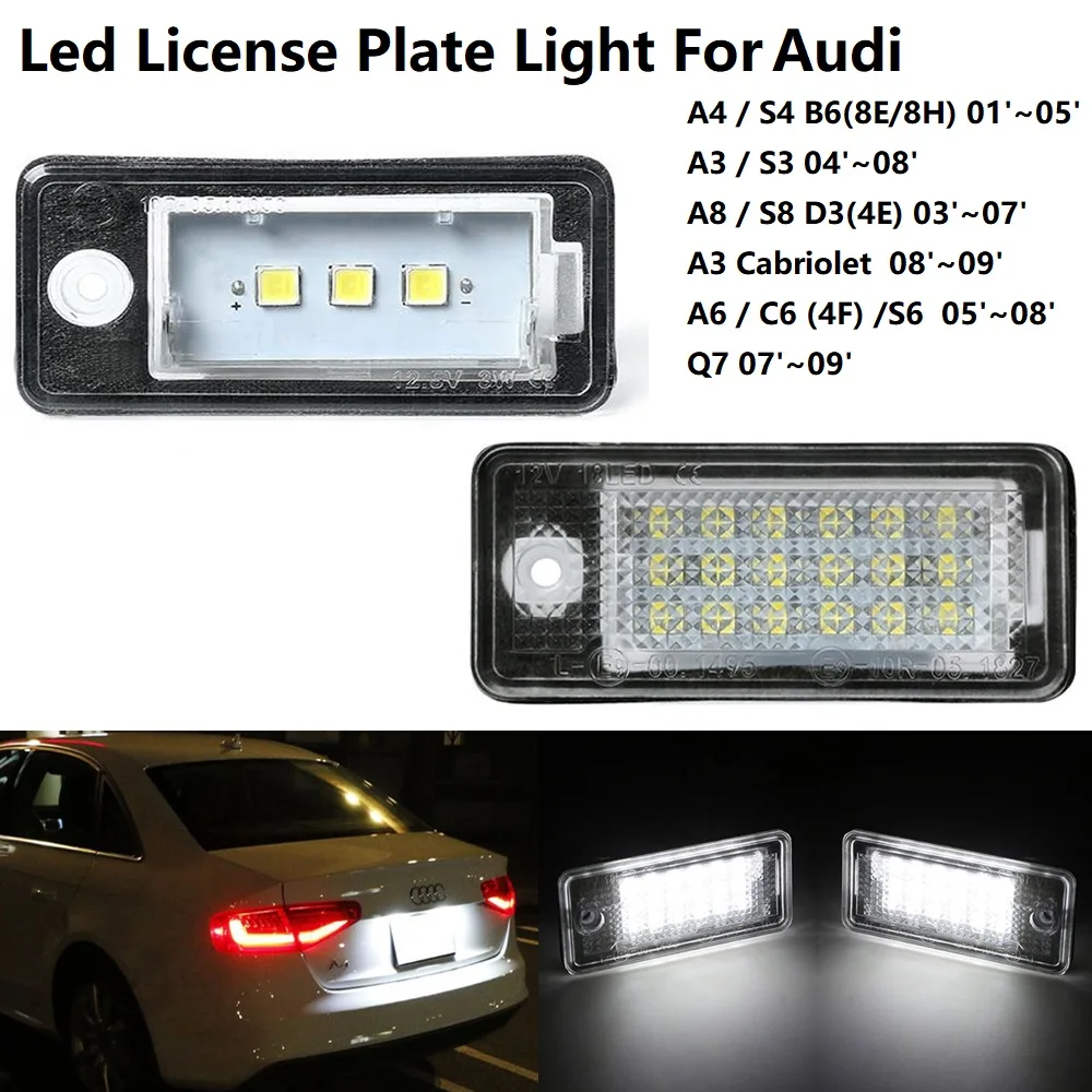 2Pcs LED Car Rear License Number Plate Light Lamps For Audi A4 B6 Q7 S4 A3 S3 A8 S8 A6 C6 6000K Bright White Canbus No Error