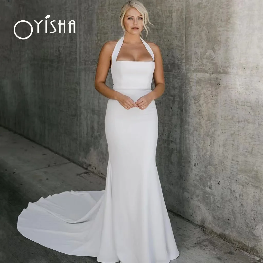 

OYISHA Sexy Halter Mermaid Wedding Dresses For Bride 2023 Simple Satin Sweep Train Elegant Bridal Gowns Vestidos De Novia Custom