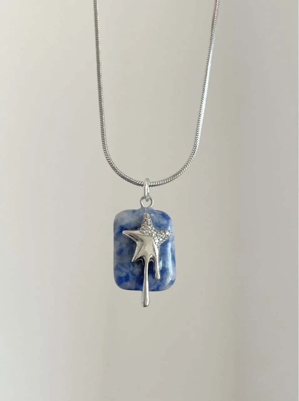 Blue Cube Stone Melting Star Pendant Necklace for Women INS 