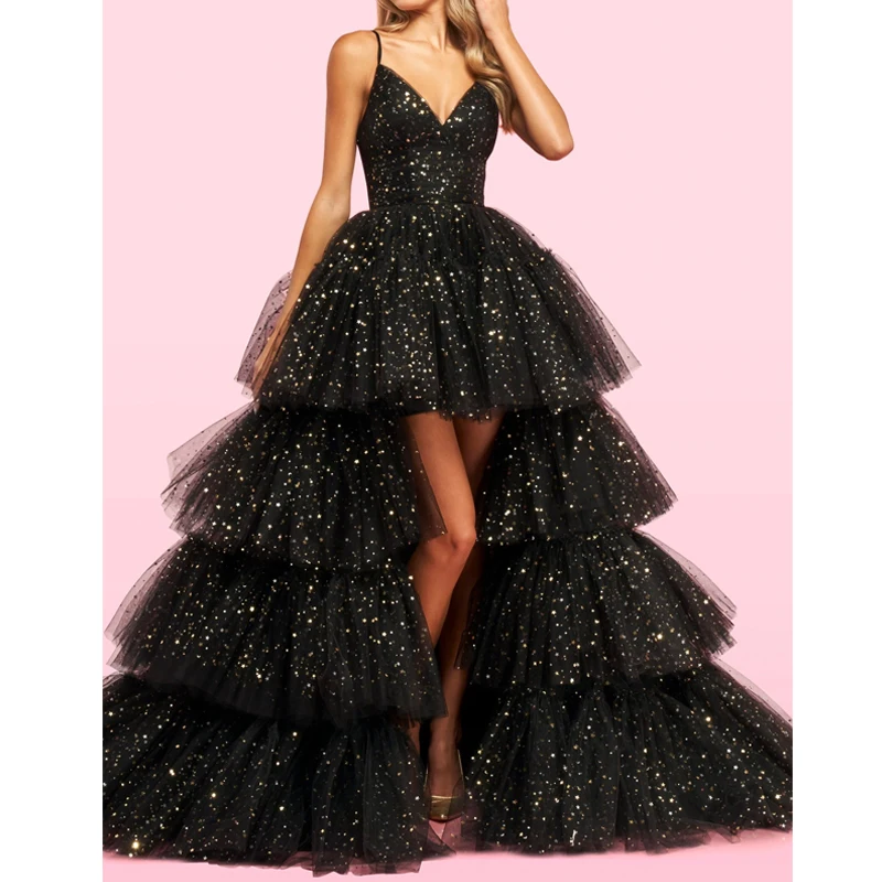 

Tiered A Line Prom Dresses 2023 New Black Tull Floor Length High Low Formal Evening Party Gowns Dress