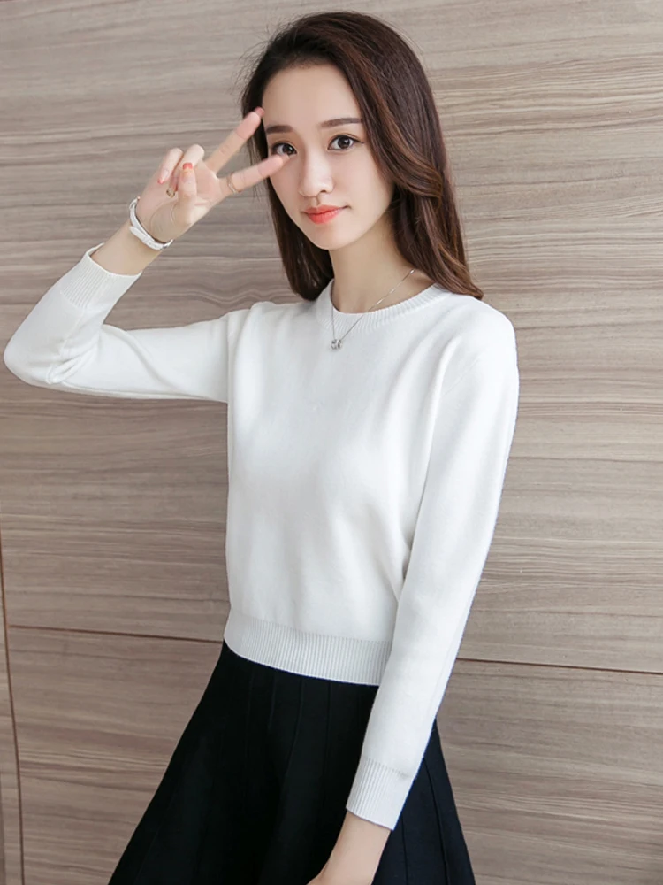Белый пуловер женский короткий свитер с высокой талией утолщенный маленький