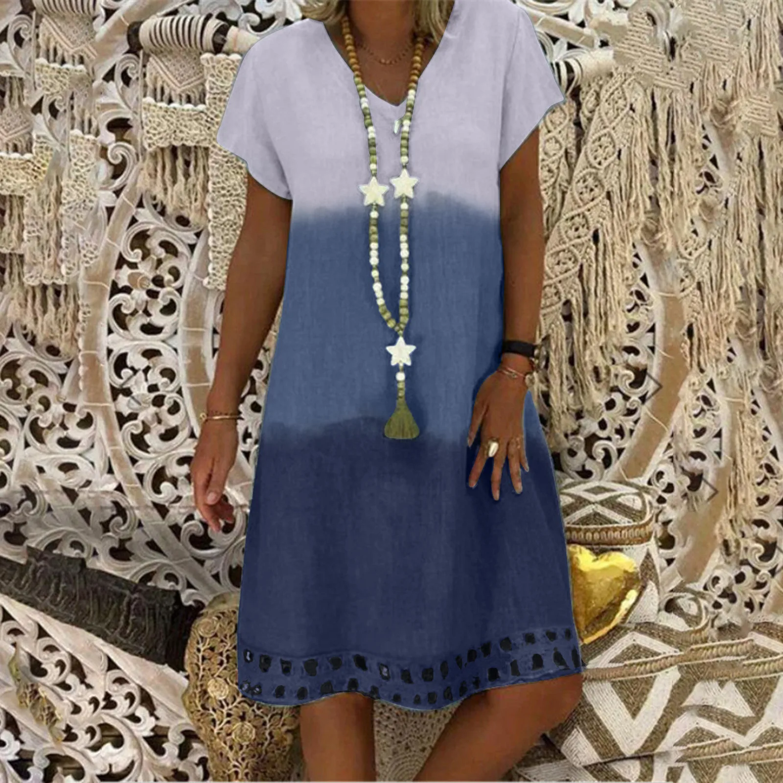 

Summer 2022 Women's fashion casual gradient color short sleeve sexy V-neck loose women's beach casual dress