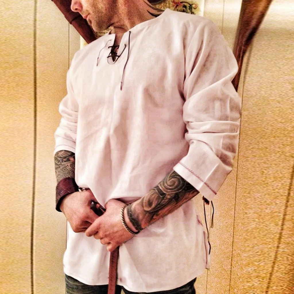 

Футболка мужская в стиле ретро, средневековая рубашка с длинным рукавом, костюм для косплея, Стильный хлопковый пуловер с конопляной индиви...