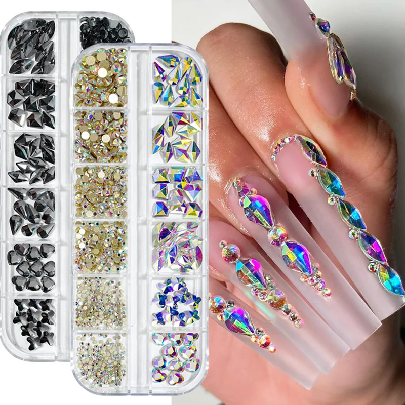 

12 Girds/Box 3D блестящие стразы на ногти смешанные размеры AB Flatback кристаллы Камни для нейл-арта украшения маникюрные бриллианты аксессуары