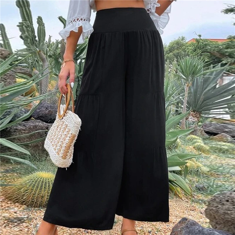 Spring Summer 2023 Vintage Trousers Skirt Ankle-length Sliced Craft Women Wide Leg Pants Layered Skirt for Outdoor Elastic Waist