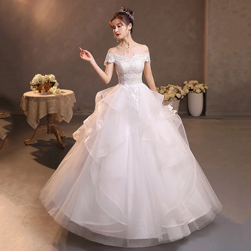

New Lihgt Wedding Dresses Elegant Boat Neck Wedding Gown Classic Lace Ball Gown Off The Shoulder Vestido De Noiva