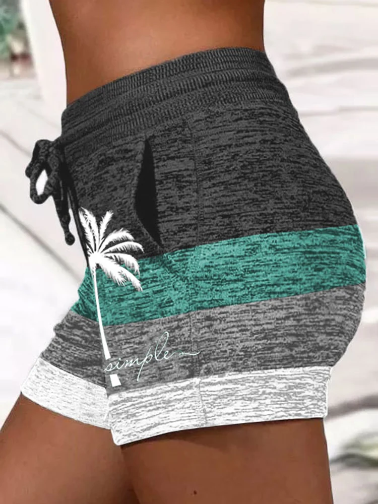 Cute Coconut Tree Color Block Shorts Summer Drawstring Shorts for Women's Comfy Activewear Lounge Shorts Elastic with Pockets