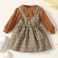 fashion clothes spring fall girls outfits kids clothes 2 pcs sets solid long sleeve topsbow plaid suspender girls dress 1 6y