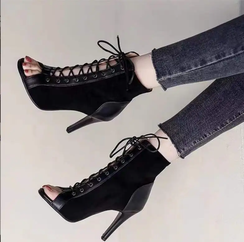 New Fashion show Black Fabric Cross strap Sexy high heel Sandals Woman shoes Pumps Lace-up Peep Toe Sandals Casual Large size