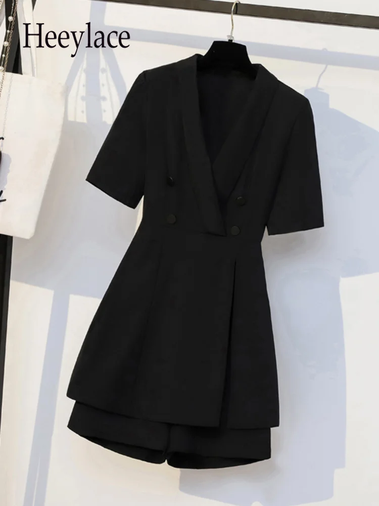 

Женский офисный комплект из двух предметов, элегантный двубортный пиджак с коротким рукавом и V-образным вырезом и шорты, комплекты из двух предметов 4XL, лето