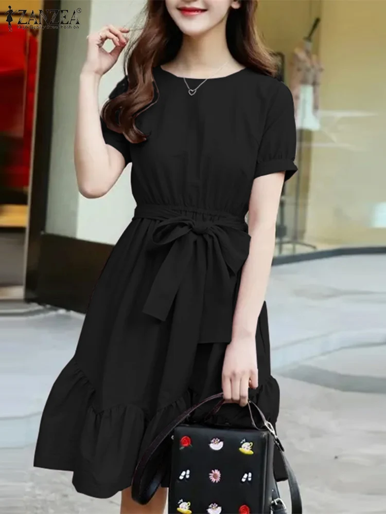 

ZANZEA Women Fashion Summer Dress Elegant Short Sleeve Ruffles Vestidos Femme Holiday Sundress Belted Robe Causal Work Dresses