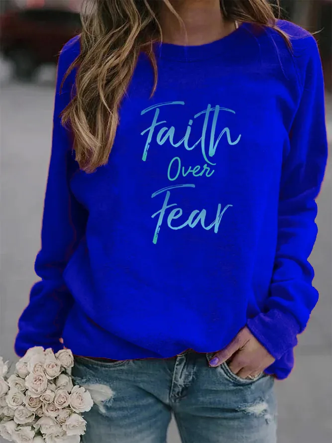 Women Hoodie Faith Over Fear Letter Printed Hoodies Women Fleece Long Sleeve O Neck Loose Sweatshirt Girls Pullovers Winter