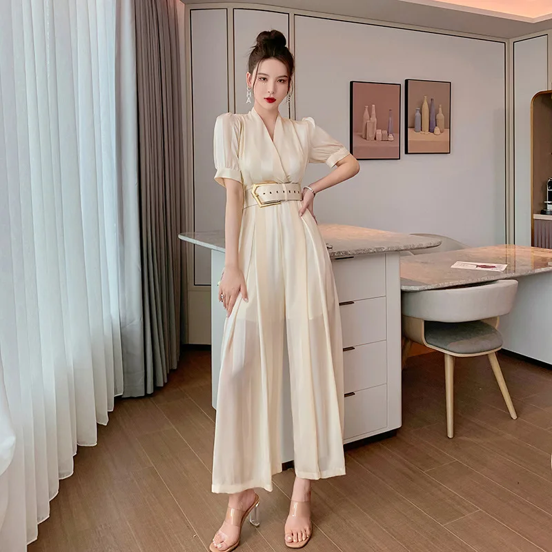 2023 Summer Women Elegant Office Sheer Casual Jumpsuits Romper Thin Ladies Loose Wide Leg Pants Overalls Playsuits Jumpsuits