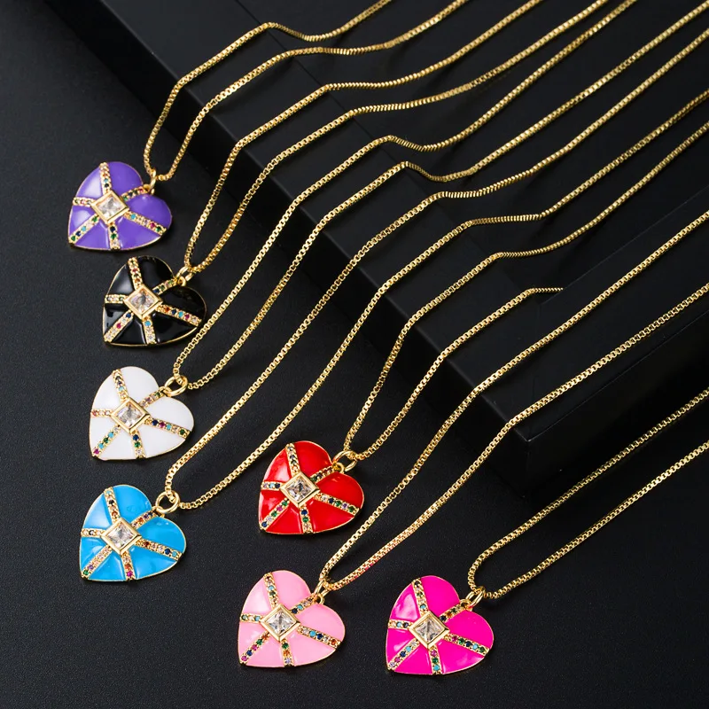 

Long Pendant Gold Heart Romantic Shiny Crystals CZ Enamel Pendant Necklace for Women Bridal Wedding Party Necklace
