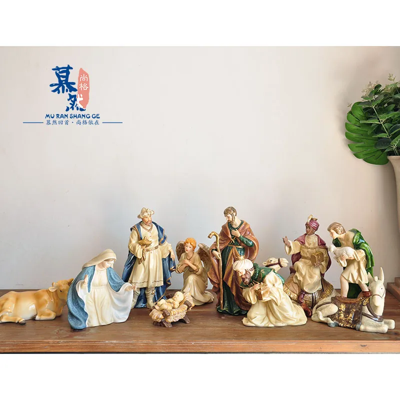 

Christ Jesus Virgin Mary Holy Child Manger Group Ornaments The Birth of Jesus Statue Home Decoration Ceramic Crafts Church Gifts