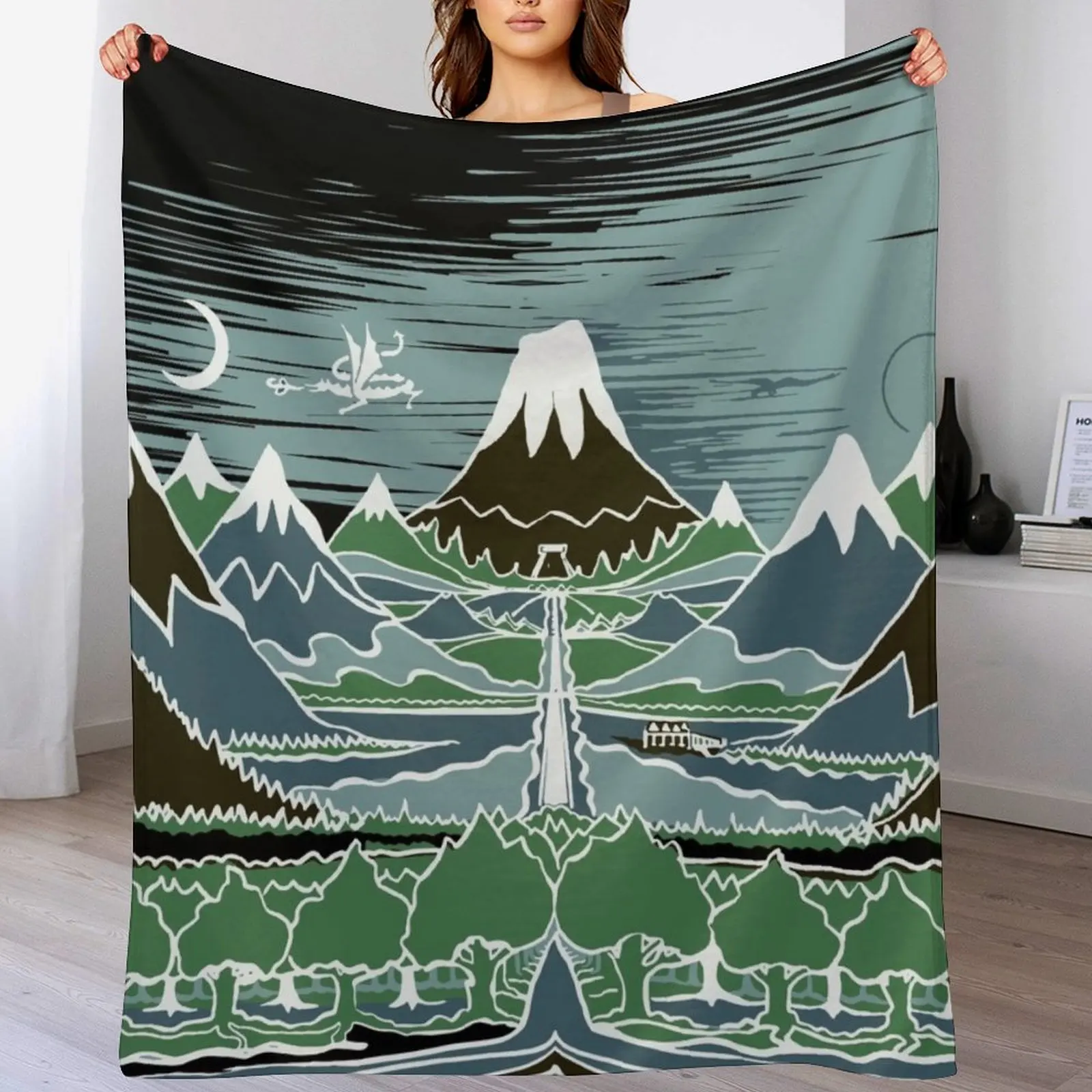 Путешествие Halflings по горной тропе через эльфийское дерево в стиле J.R.R.Tolkien Throw Blanket