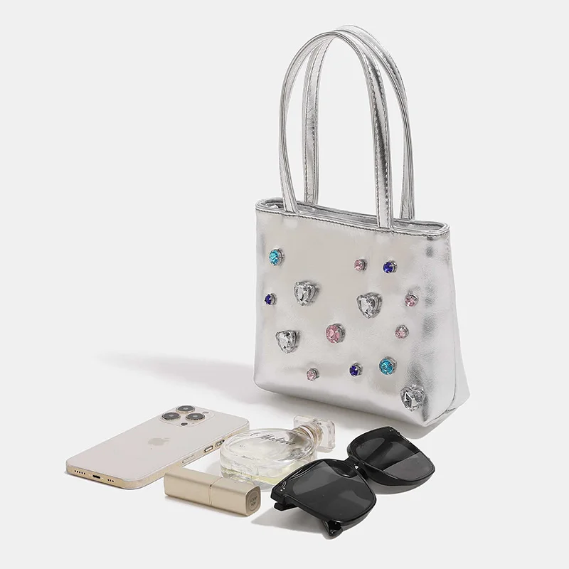 Diamond Bag For Women 2023 New Fashion Silver Small Tote Bag  Crossbody Bag Mobile Phone Bag Women's Handbag Shoulder Bag
