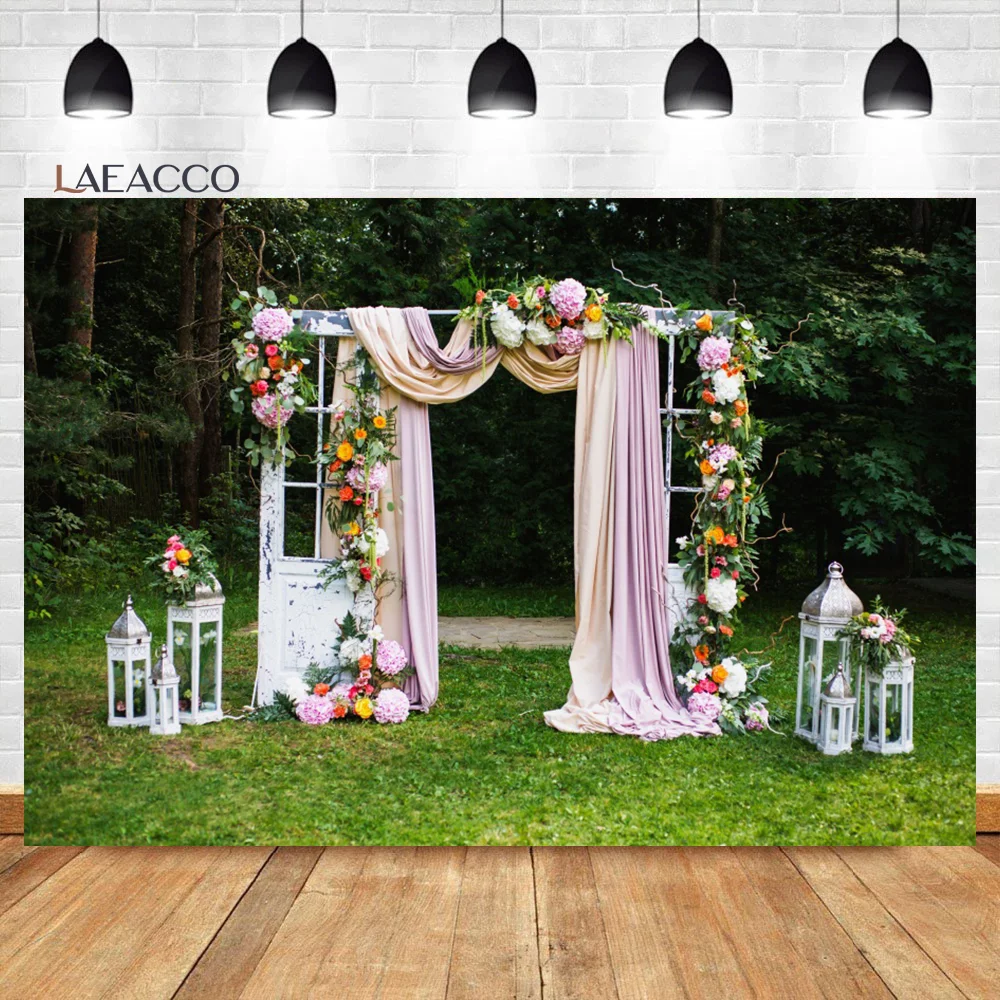 Laeacco Forest Wedding Photophone Pink Curtain Frame Flowers Grass Light Photography Backgrounds Photo Backdrops Photo Studio images - 6