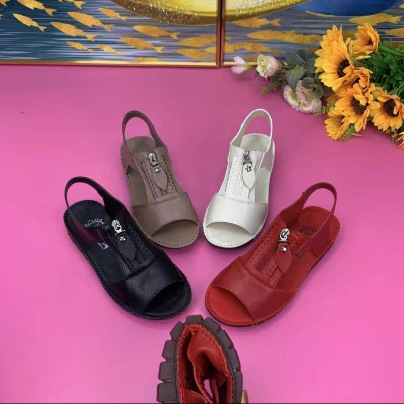 2023 Ladies Shoe on Sale Summer Basic Peep Toe Women's Sandals Casual Zipper Low Heels Concise Female Wedge Sandal Zapatos Mujer